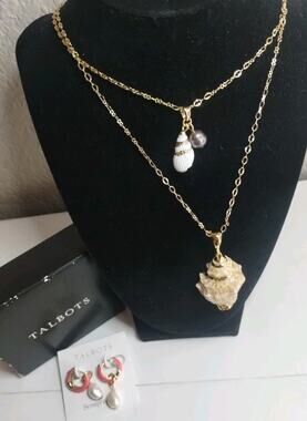 Talbots NEW Pearl Drop Enamel Hoop Earrings 2 Gold Dipped Seashell Necklaces Set